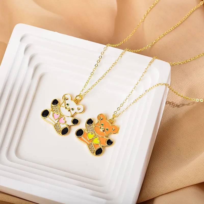 Cute Bear Inlay Zircon Pendant Necklace