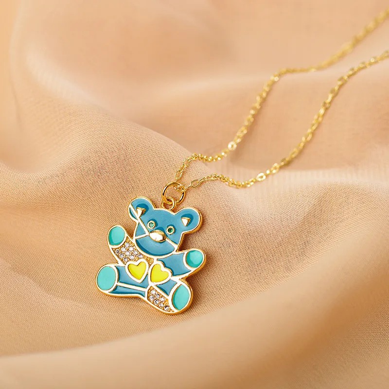 Bear Inlay Zircon Pendant Necklace