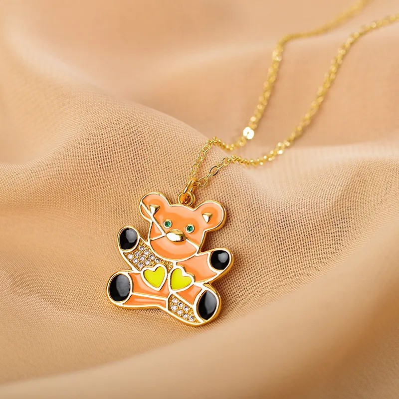 Bear Stainless Steel Enamel Pendant Necklace