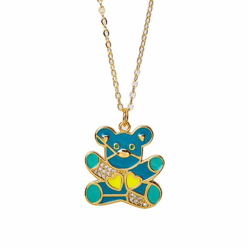 Bear Enamel Inlay Zircon Pendant Necklace