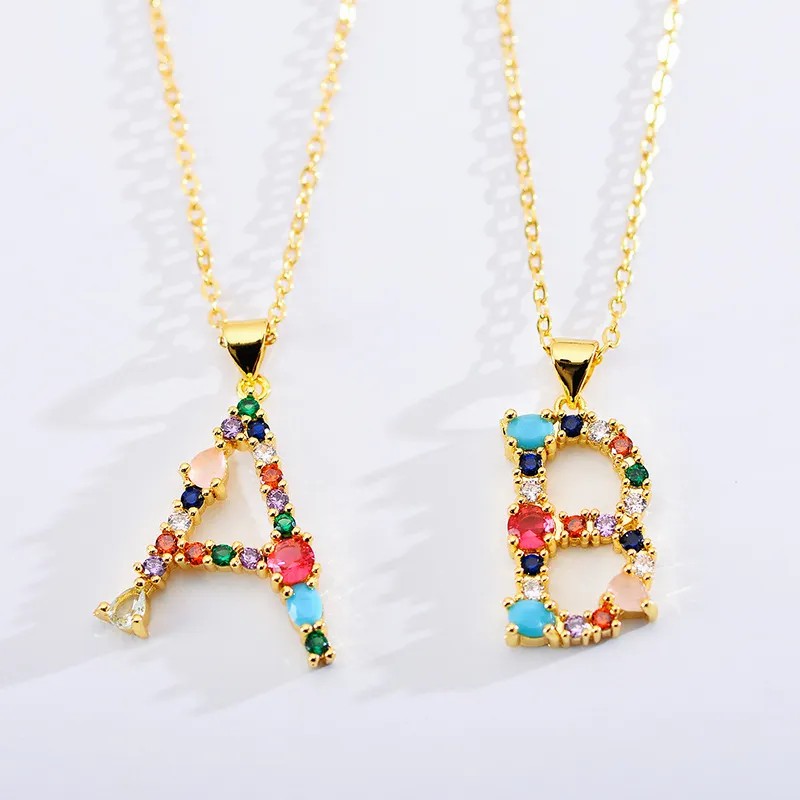 Letter Inlay Glass Stone Zircon Pendant Necklace