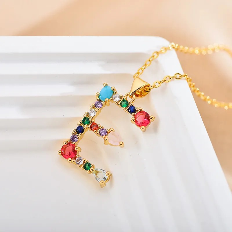Letter Steel Inlay Glass Stone Pendant Necklace