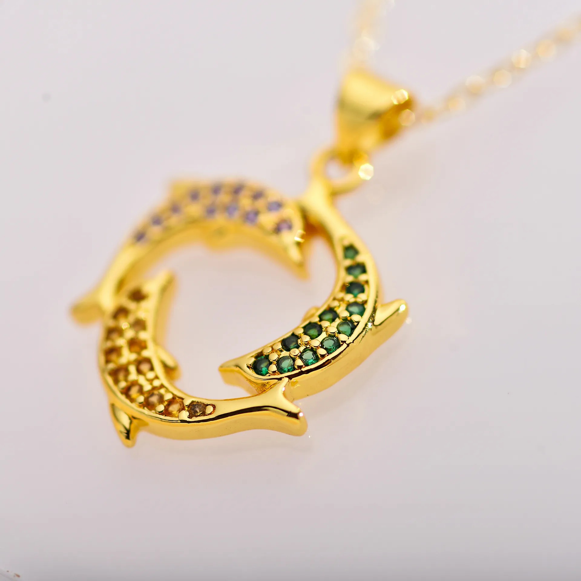 Elegant Dolphin Steel Inlay Zircon Pendant Necklace_colorza_1