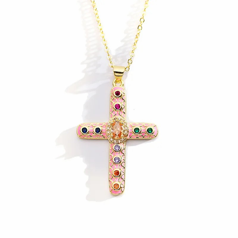 Pink Cross Steel Enamel Plating Pendant Necklace