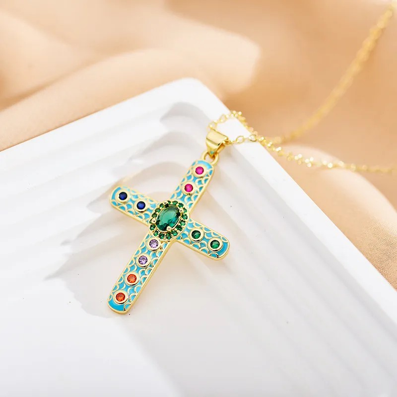 Zircon Inlaid Cross Enamel Plating Pendant Necklace
