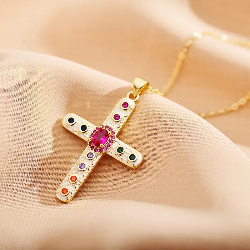 Zircon Inlaid Cross Enamel Stainless Steel Necklace