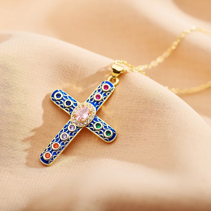 Blue Cross Enamel Stainless Steel Necklace