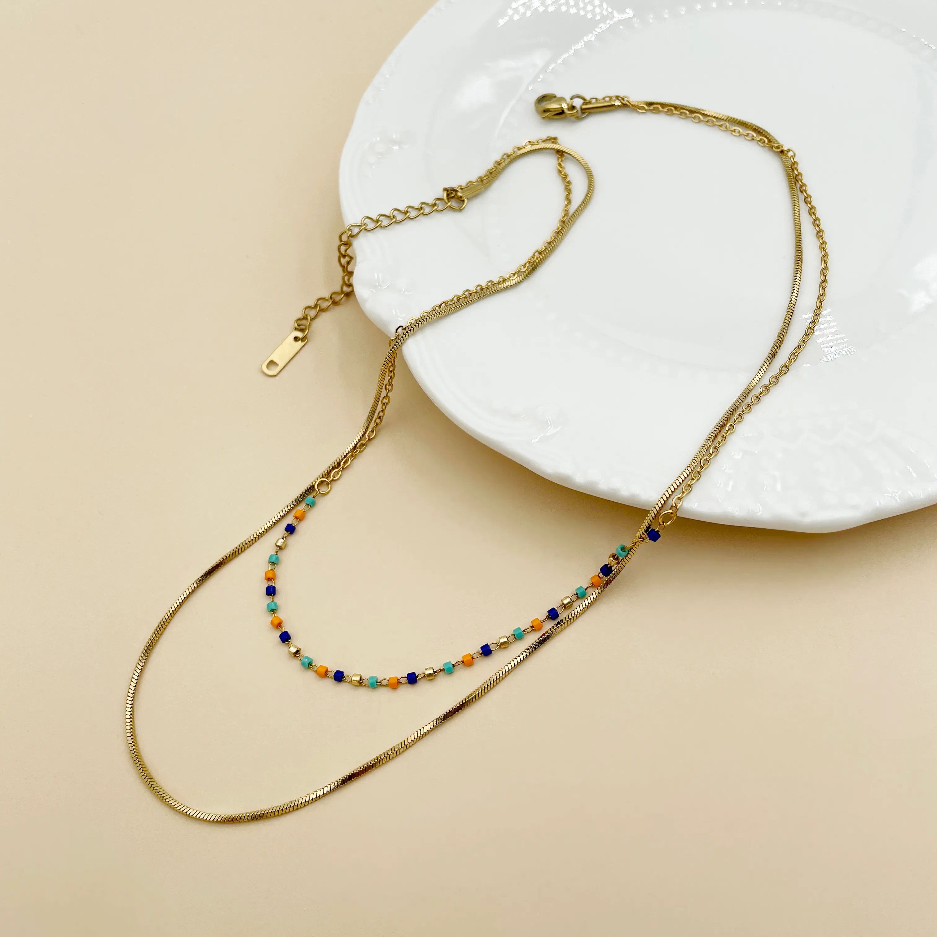 Elegant Simple Style Colorful Stainless Steel Metal Beaded Plating Gold Plated Layered Necklaces_colorza_2