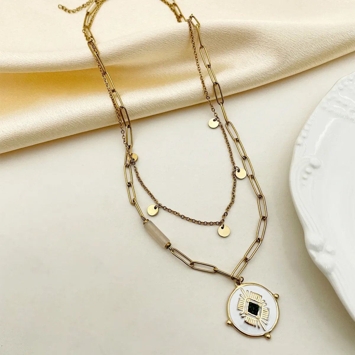 Vacation Modern Style Round Stainless Steel Metal Enamel Plating Inlay Diamond 14K Gold Plated Layered Necklaces_colorza_1