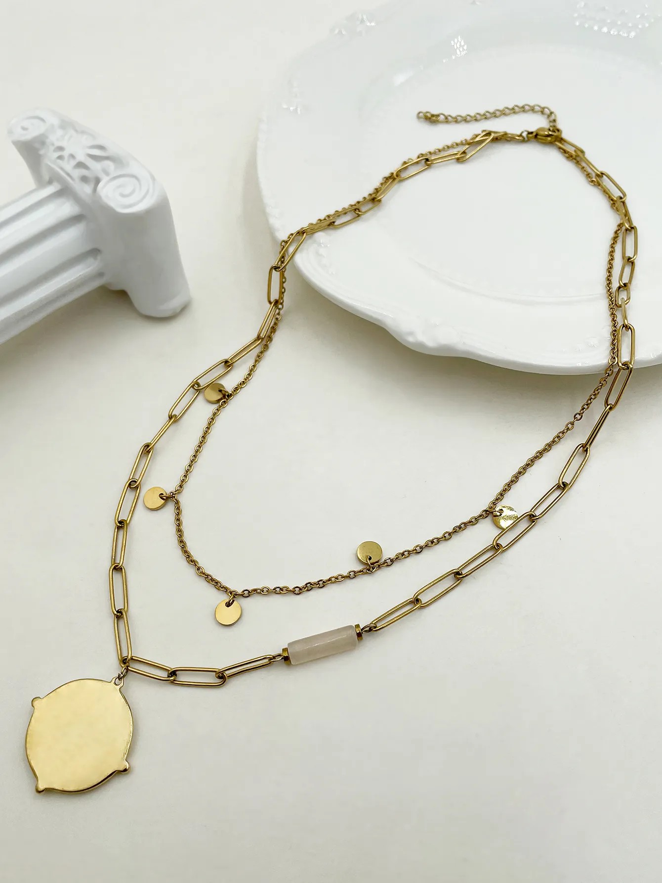 Vacation Modern Style Round Stainless Steel Metal Enamel Plating Inlay Diamond 14K Gold Plated Layered Necklaces_colorza_2