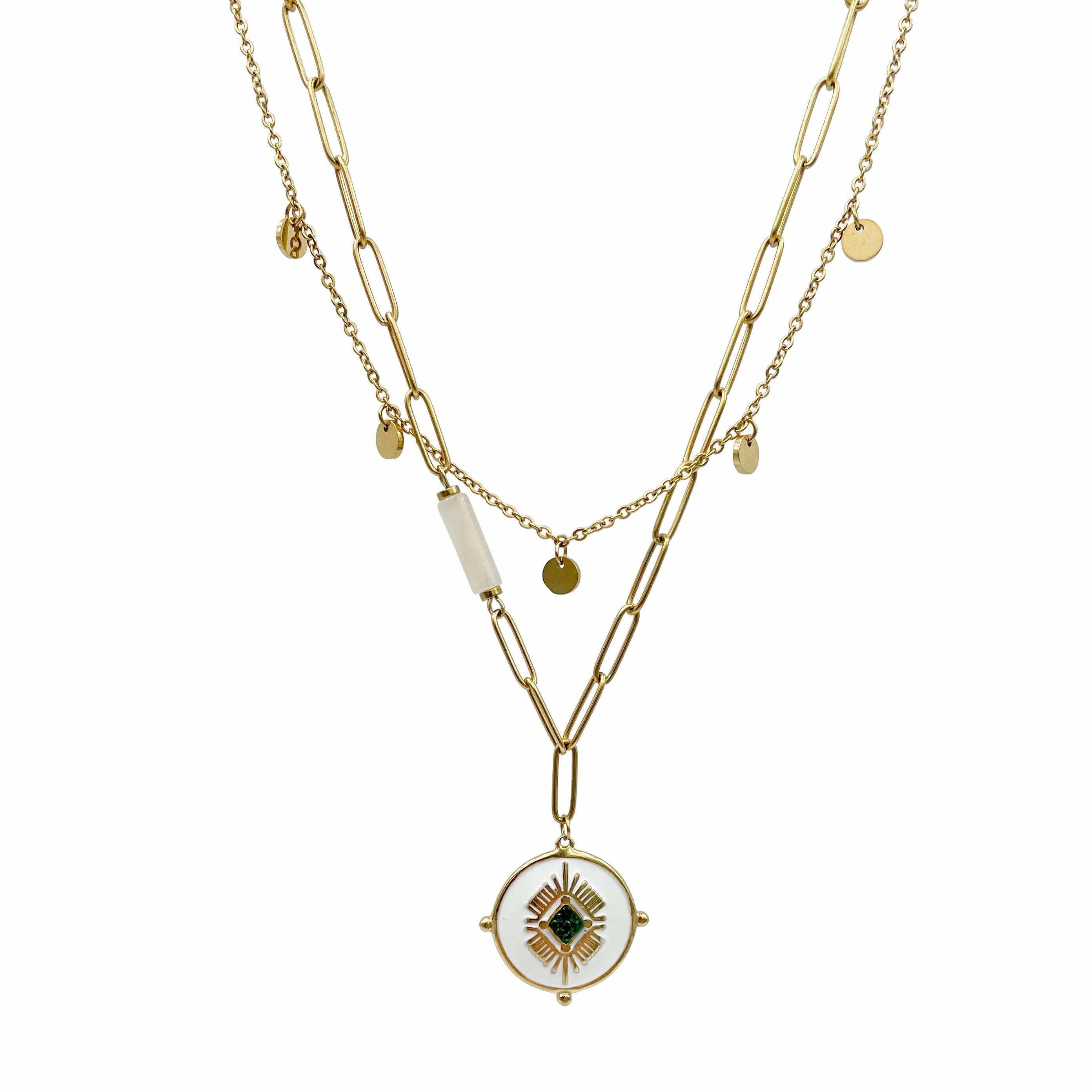 Vacation Modern Style Round Stainless Steel Metal Enamel Plating Inlay Diamond 14K Gold Plated Layered Necklaces_colorza_4