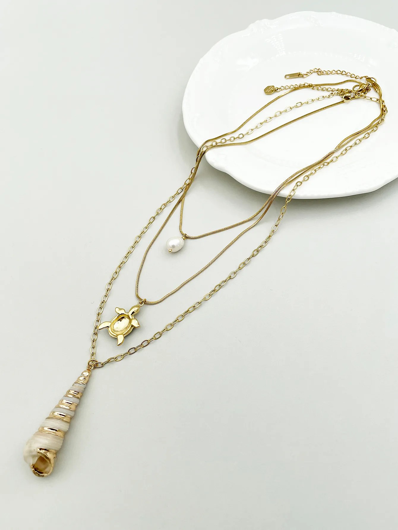 Vacation Beach Artistic Tortoise Conch Stainless Steel Plating Inlay Rhinestones Pearl Gold Plated Layered Necklaces_colorza_2