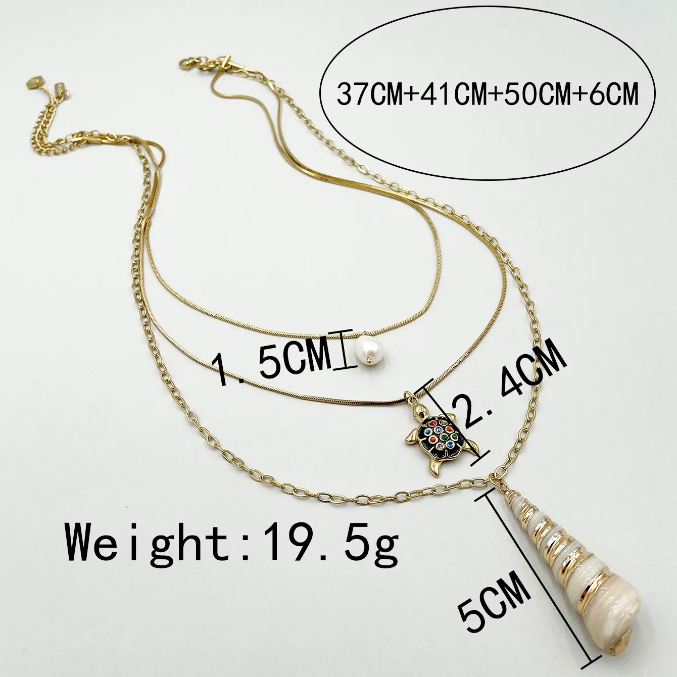 Vacation Beach Artistic Tortoise Conch Stainless Steel Plating Inlay Rhinestones Pearl Gold Plated Layered Necklaces_colorza_3