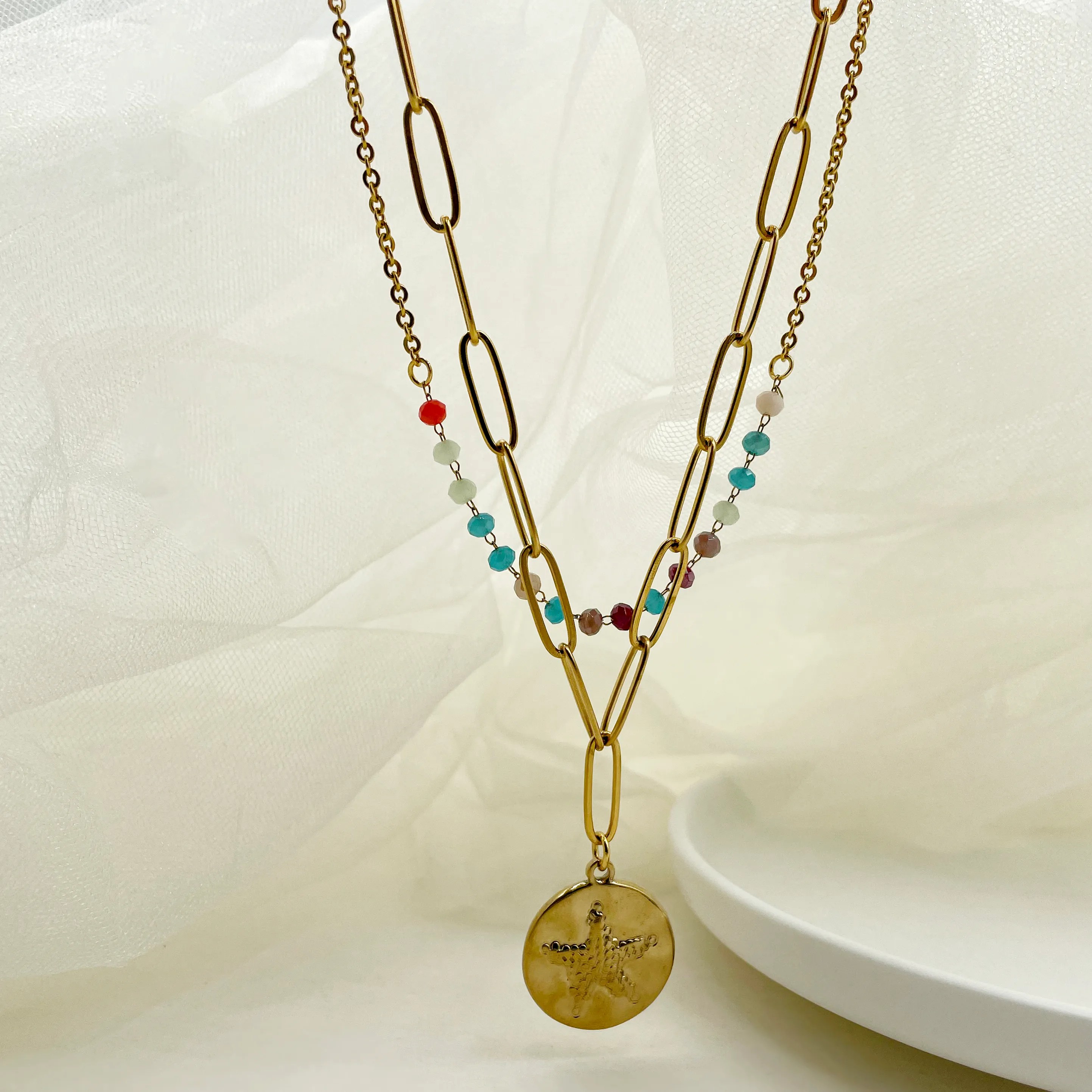 Vacation Pentagram Round Stainless Steel Metal Layered Plating Gold Plated Layered Necklaces_colorza_1