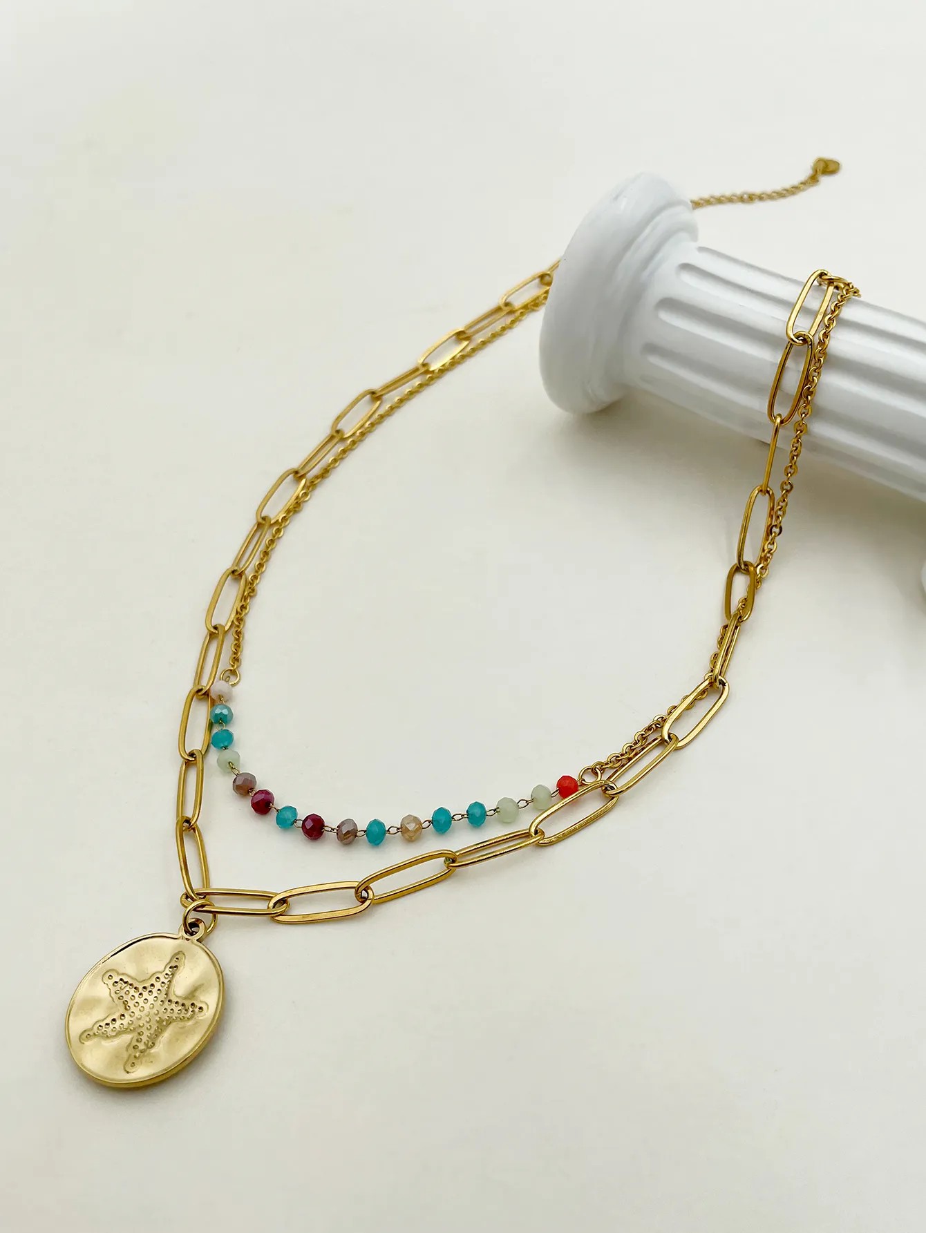 Vacation Pentagram Round Stainless Steel Metal Layered Plating Gold Plated Layered Necklaces_colorza_2