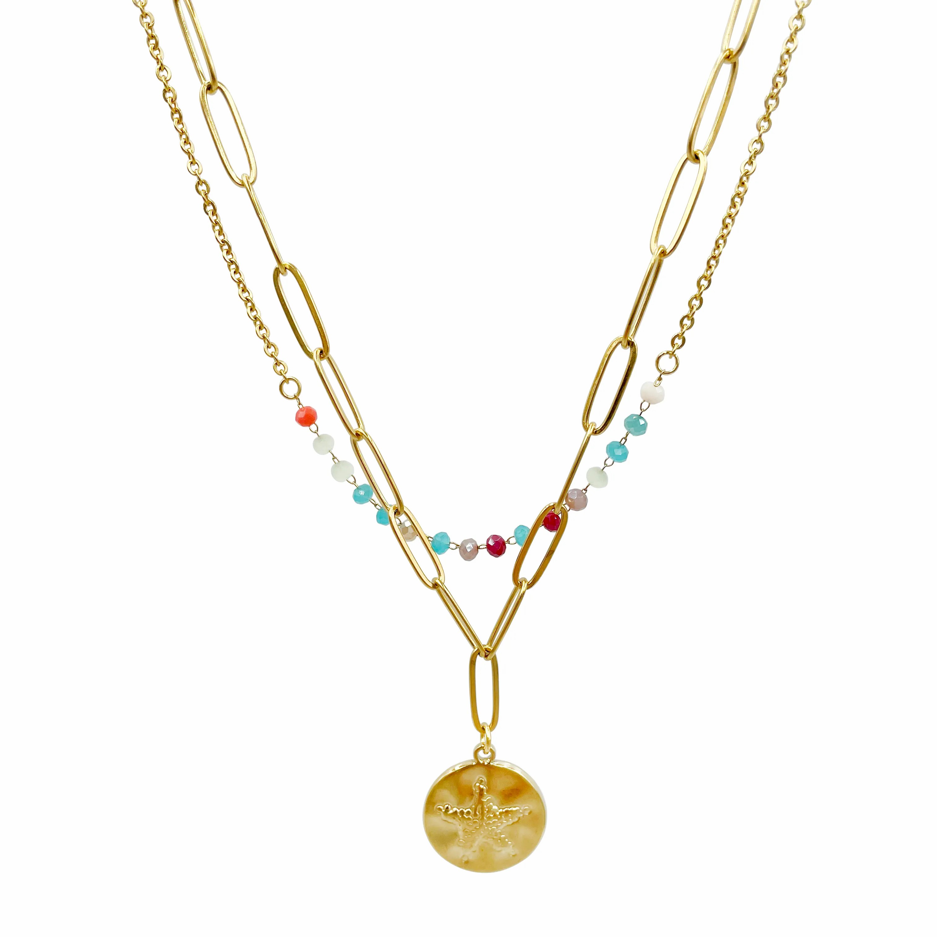 Vacation Pentagram Round Stainless Steel Metal Layered Plating Gold Plated Layered Necklaces_colorza_4