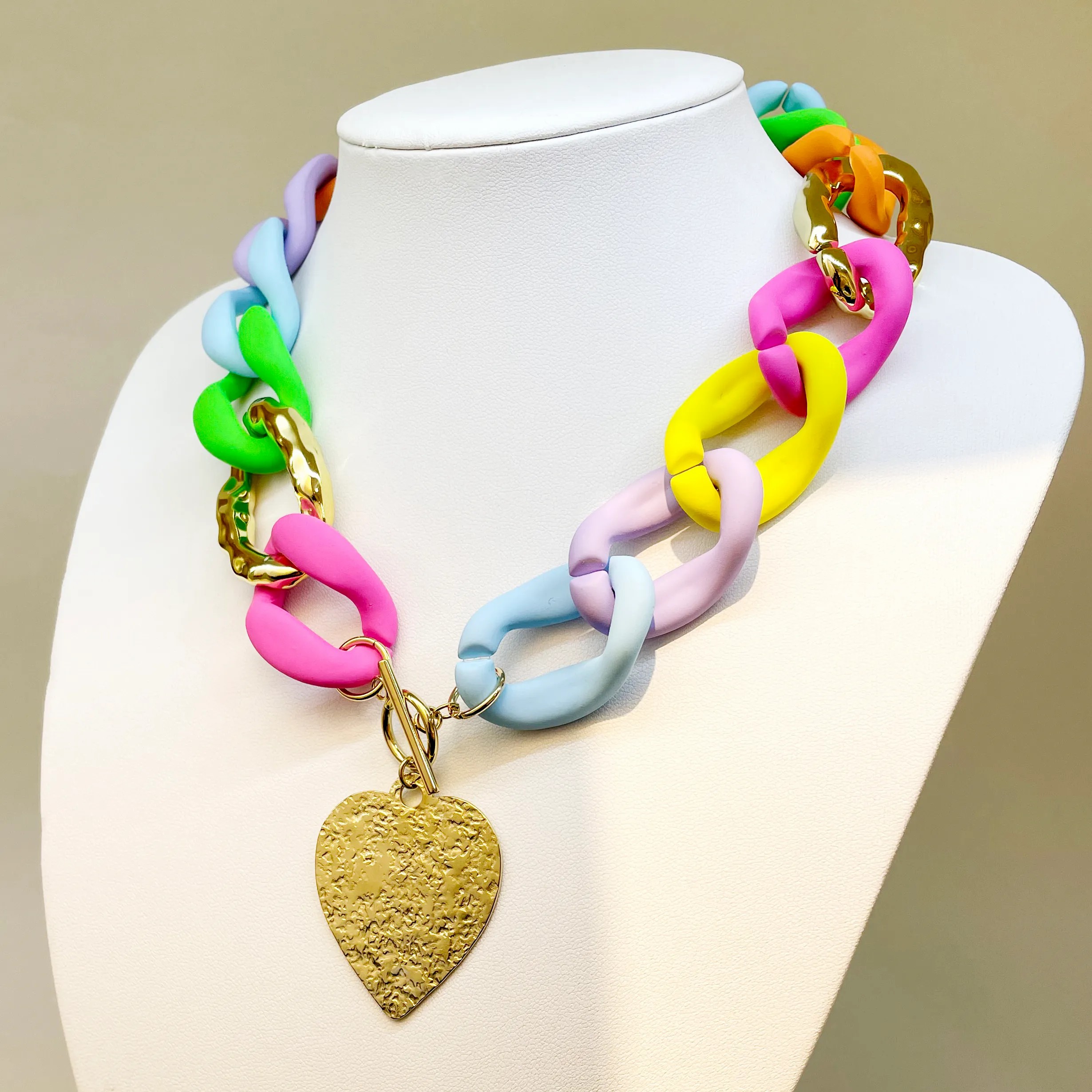 Exaggerated Artistic Colorful Heart Shape Stainless Steel Arylic Metal Plating Gold Plated Necklace_colorza_1