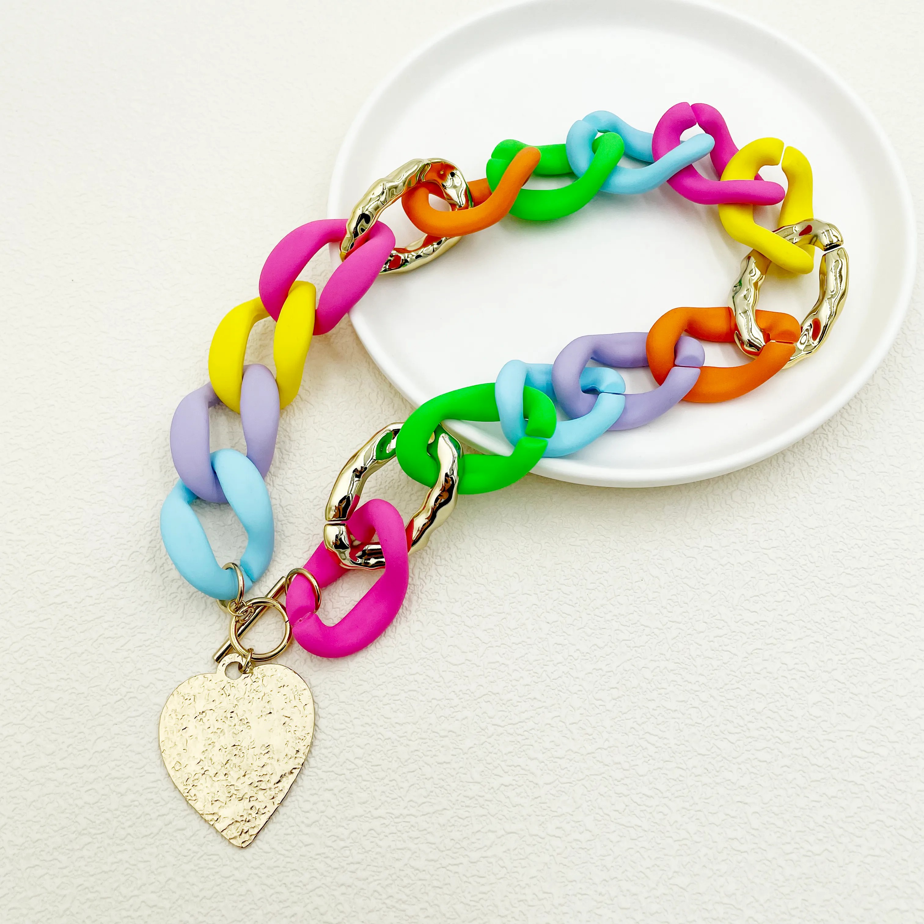 Exaggerated Artistic Colorful Heart Shape Stainless Steel Arylic Metal Plating Gold Plated Necklace_colorza_2