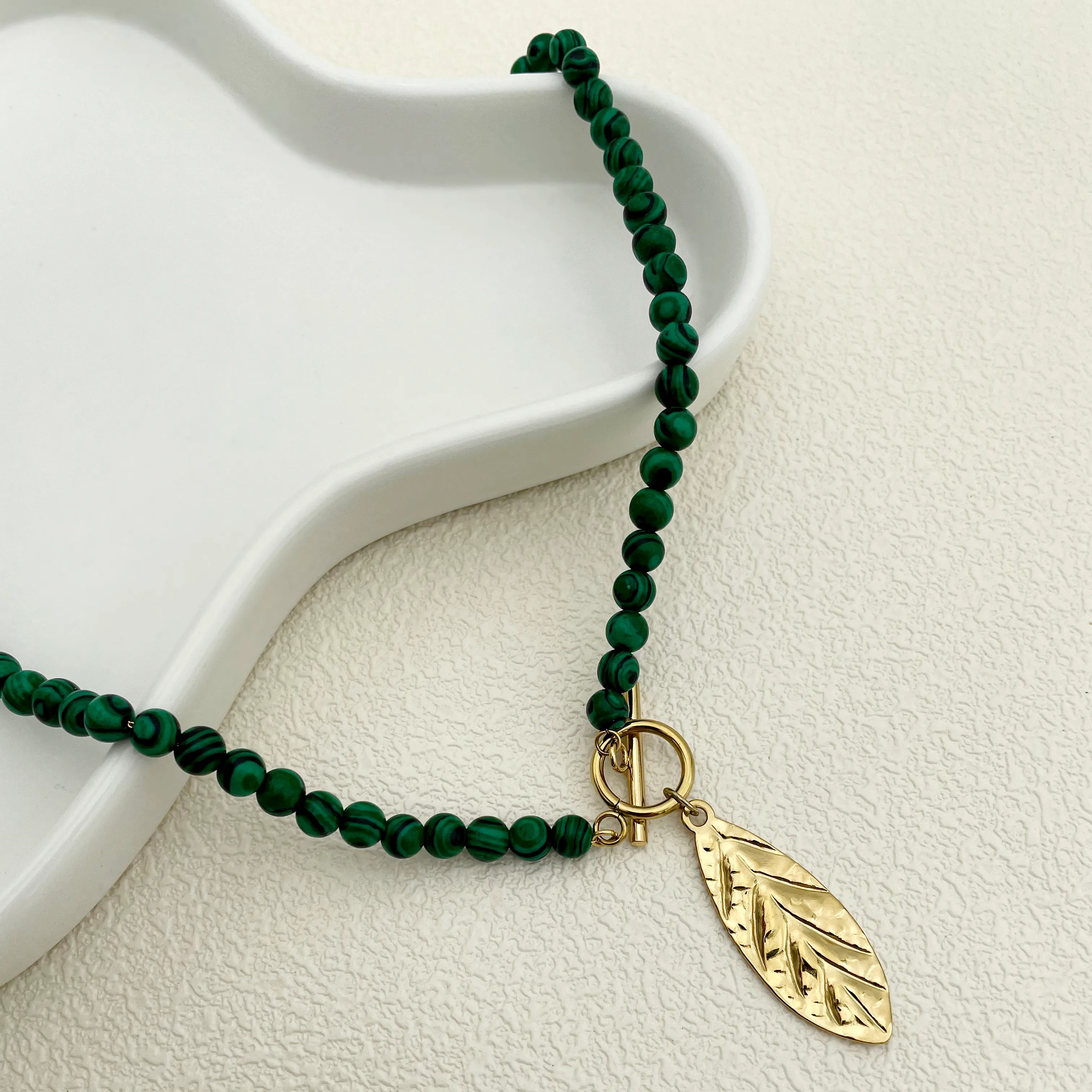 Artistic Leaves Stainless Steel Malachite Plating Metal Button Gold Plated Pendant Necklace_colorza_1
