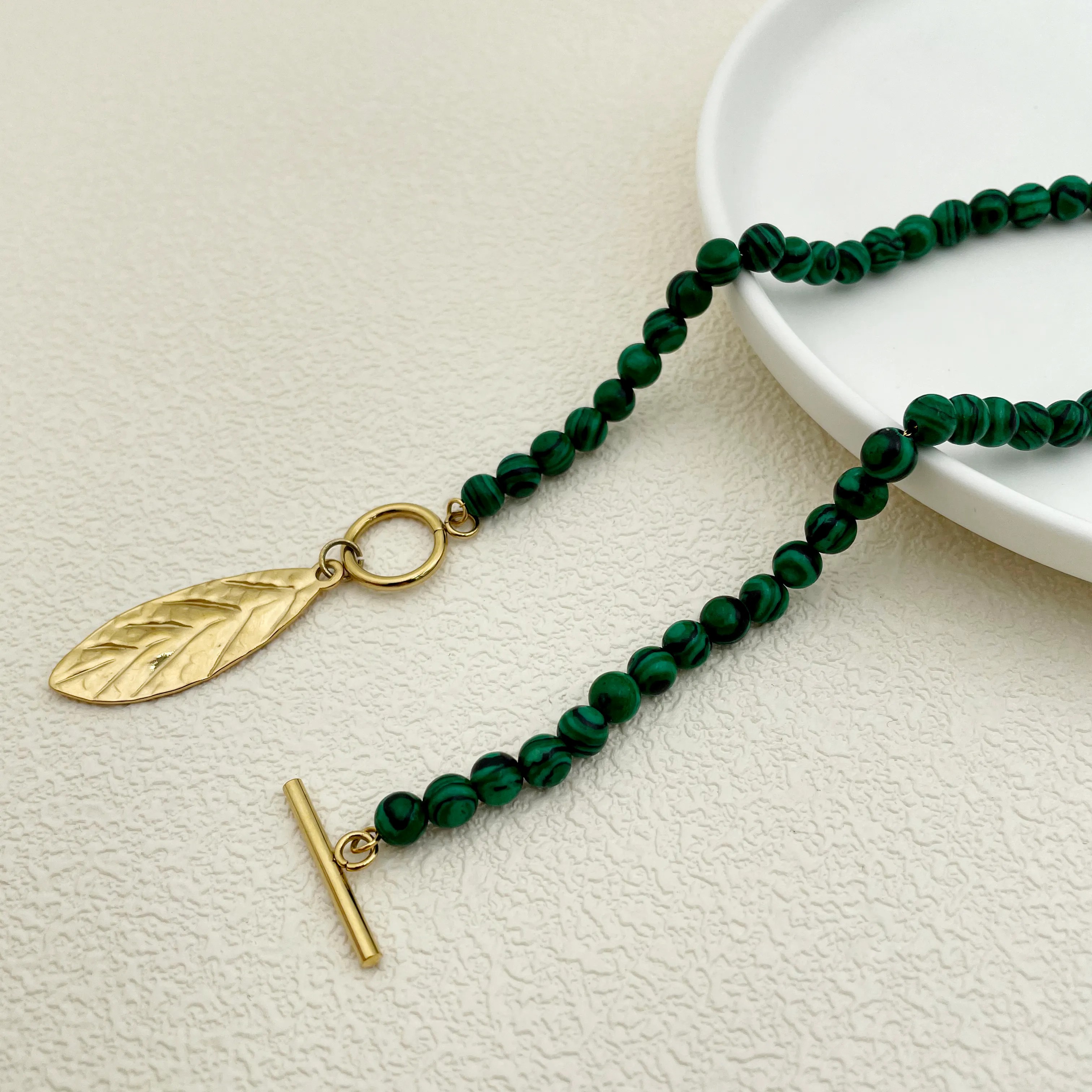 Artistic Leaves Stainless Steel Malachite Plating Metal Button Gold Plated Pendant Necklace_colorza_2