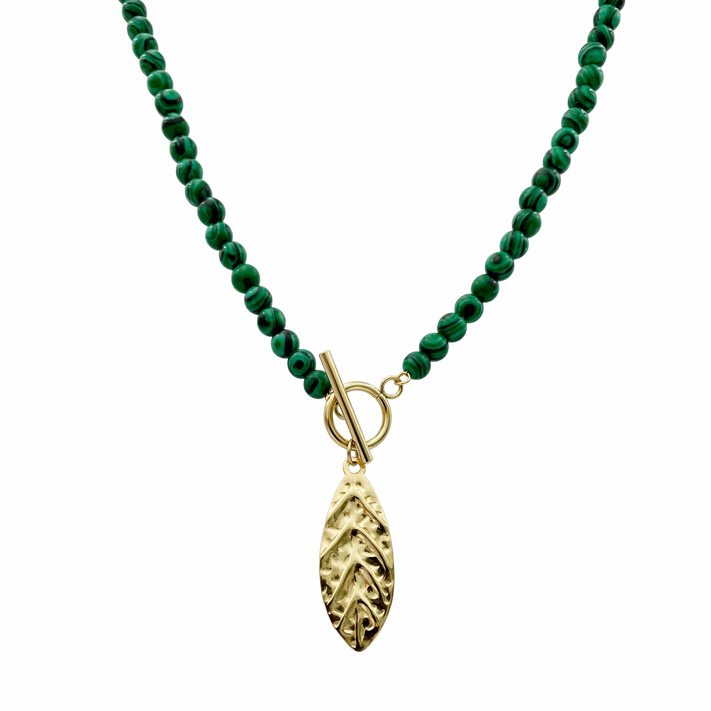 Artistic Leaves Stainless Steel Malachite Plating Metal Button Gold Plated Pendant Necklace_colorza_4