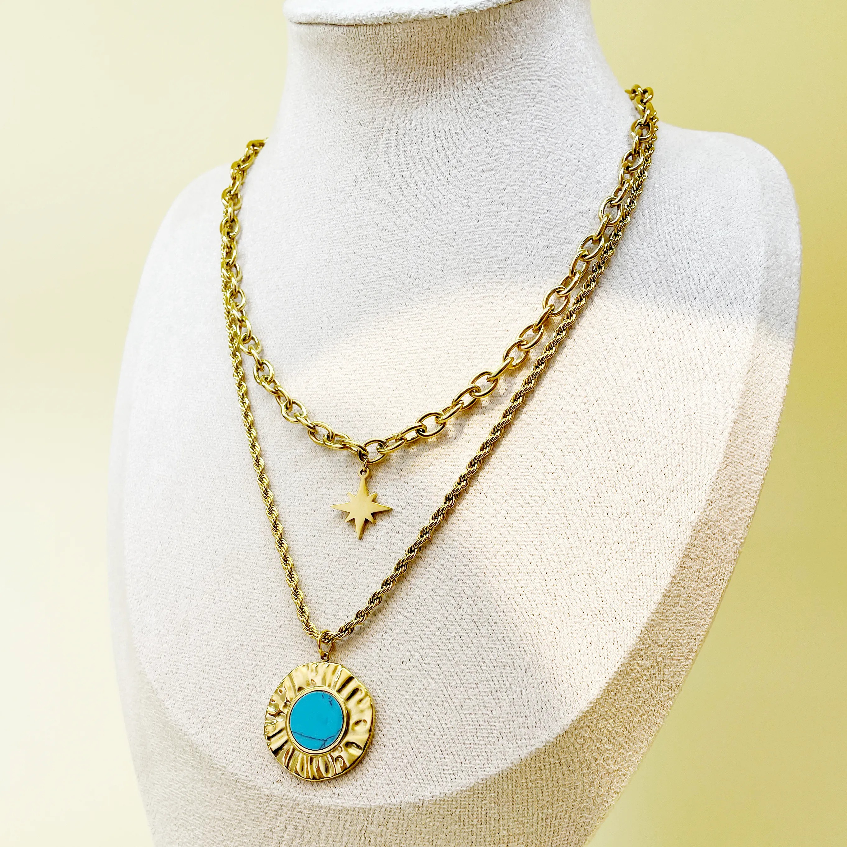 Vintage Style Round Star Stainless Steel Layered Plating Inlay Turquoise Gold Plated Layered Necklaces_colorza_1