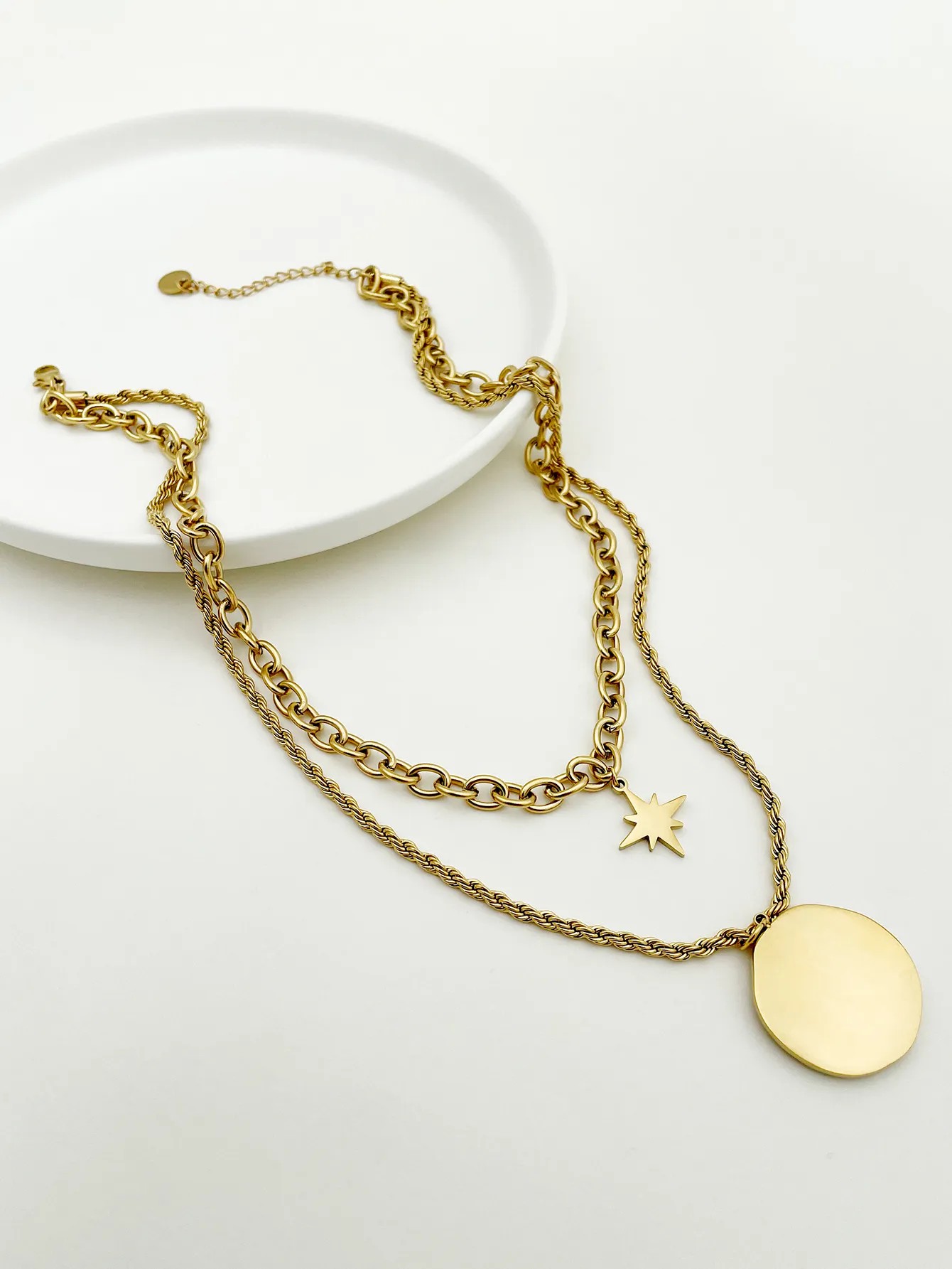 Vintage Style Round Star Stainless Steel Layered Plating Inlay Turquoise Gold Plated Layered Necklaces_colorza_2