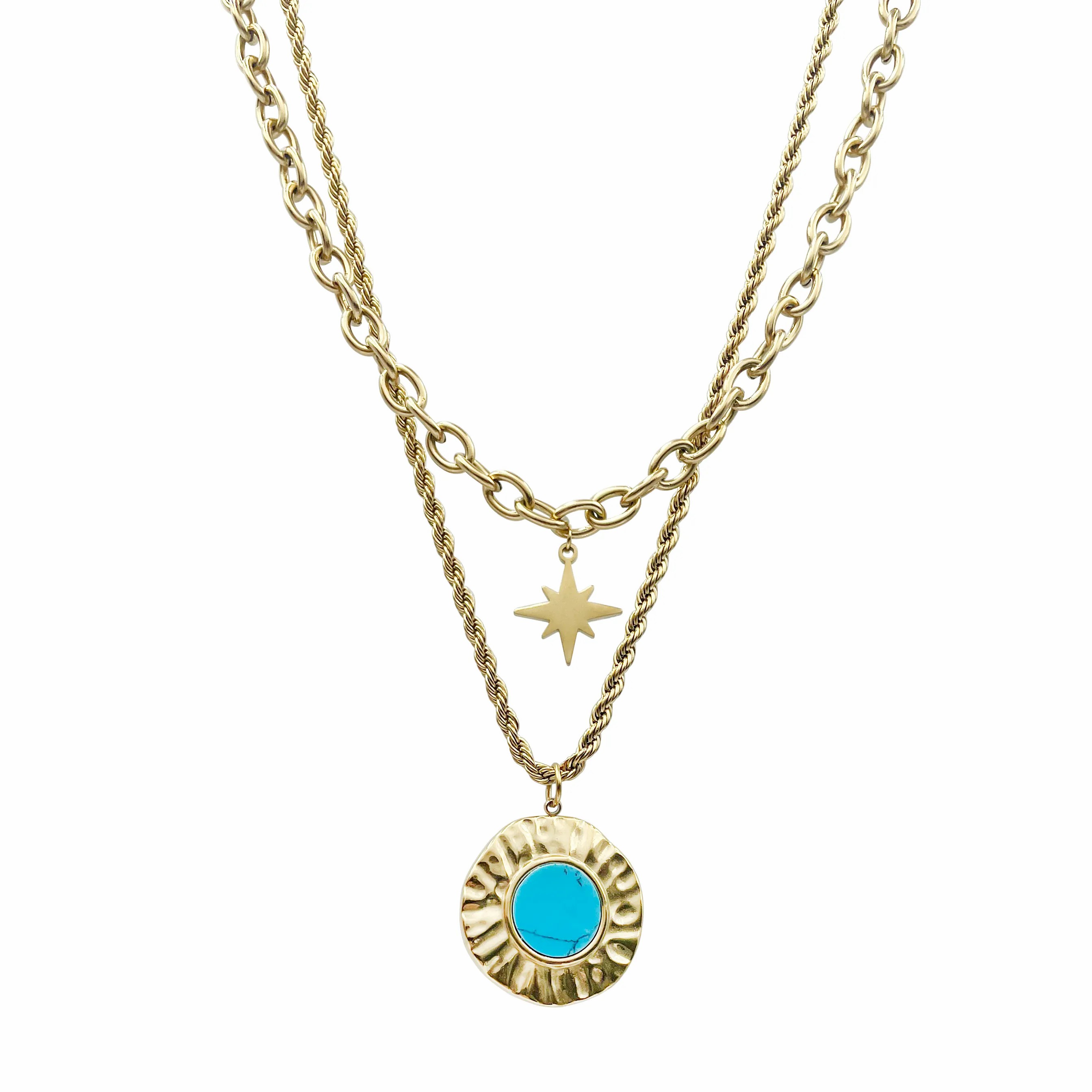Vintage Style Round Star Stainless Steel Layered Plating Inlay Turquoise Gold Plated Layered Necklaces_colorza_4