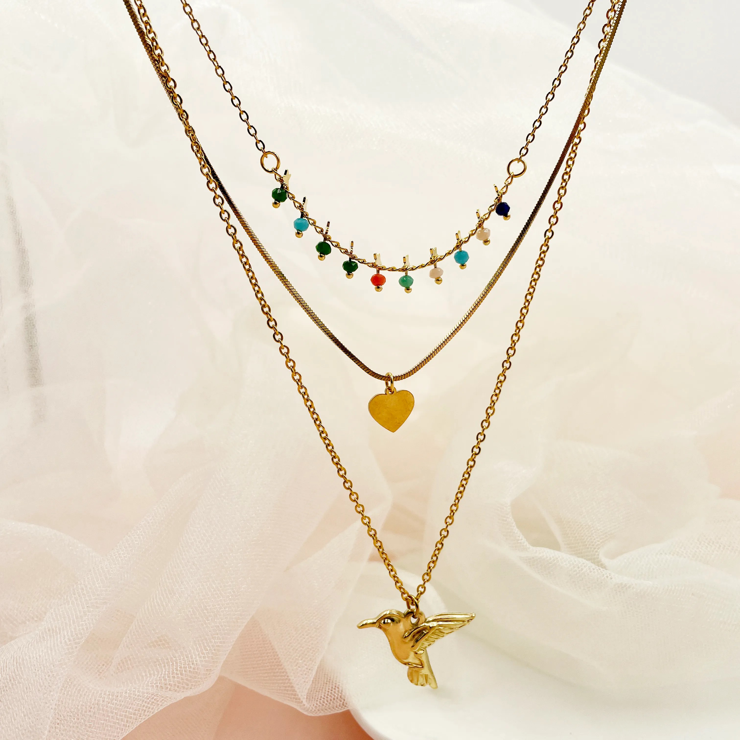 Modern Style Heart Shape Bird Stainless Steel Layered Plating Gold Plated Layered Necklaces_colorza_1