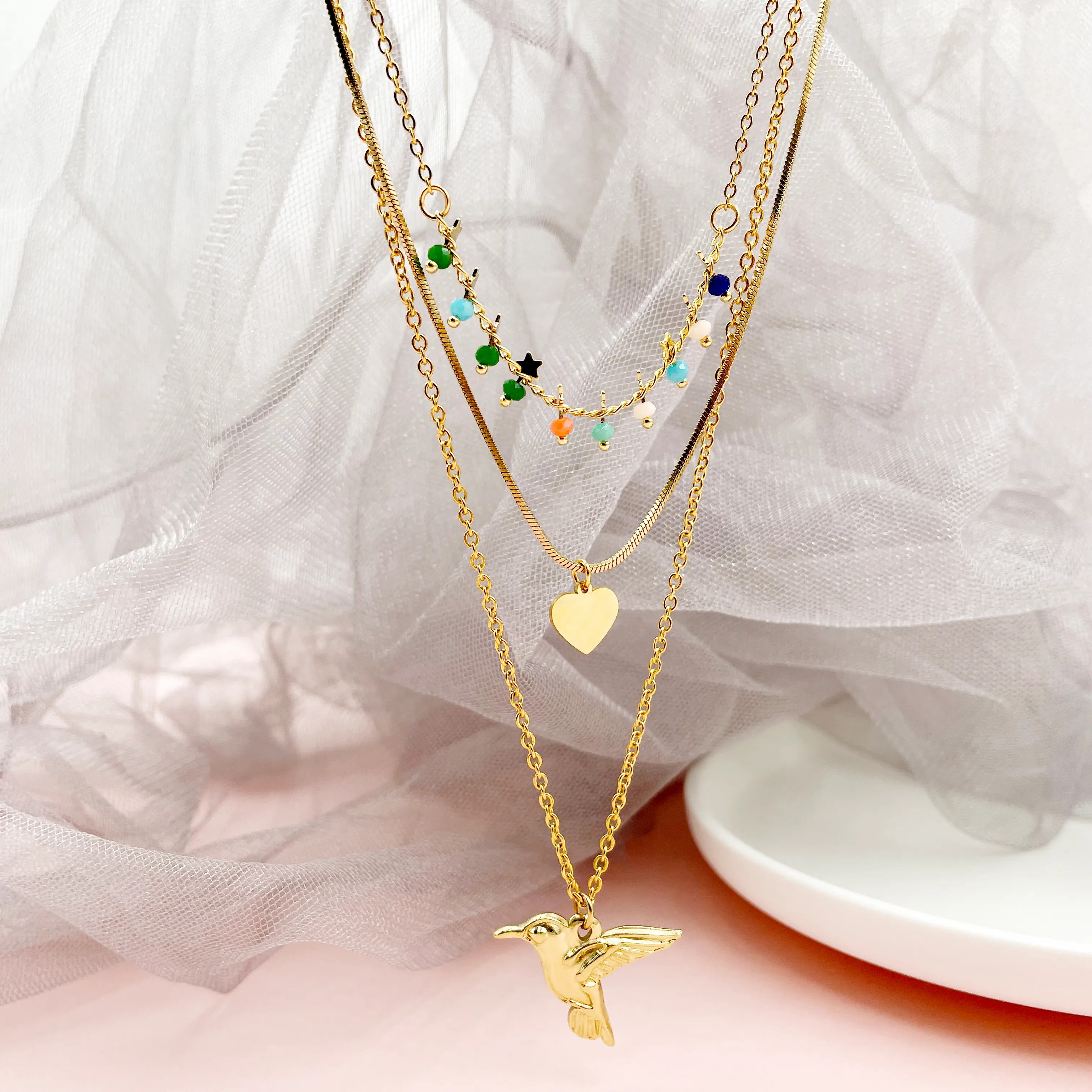 Modern Style Heart Shape Bird Stainless Steel Layered Plating Gold Plated Layered Necklaces_colorza_2