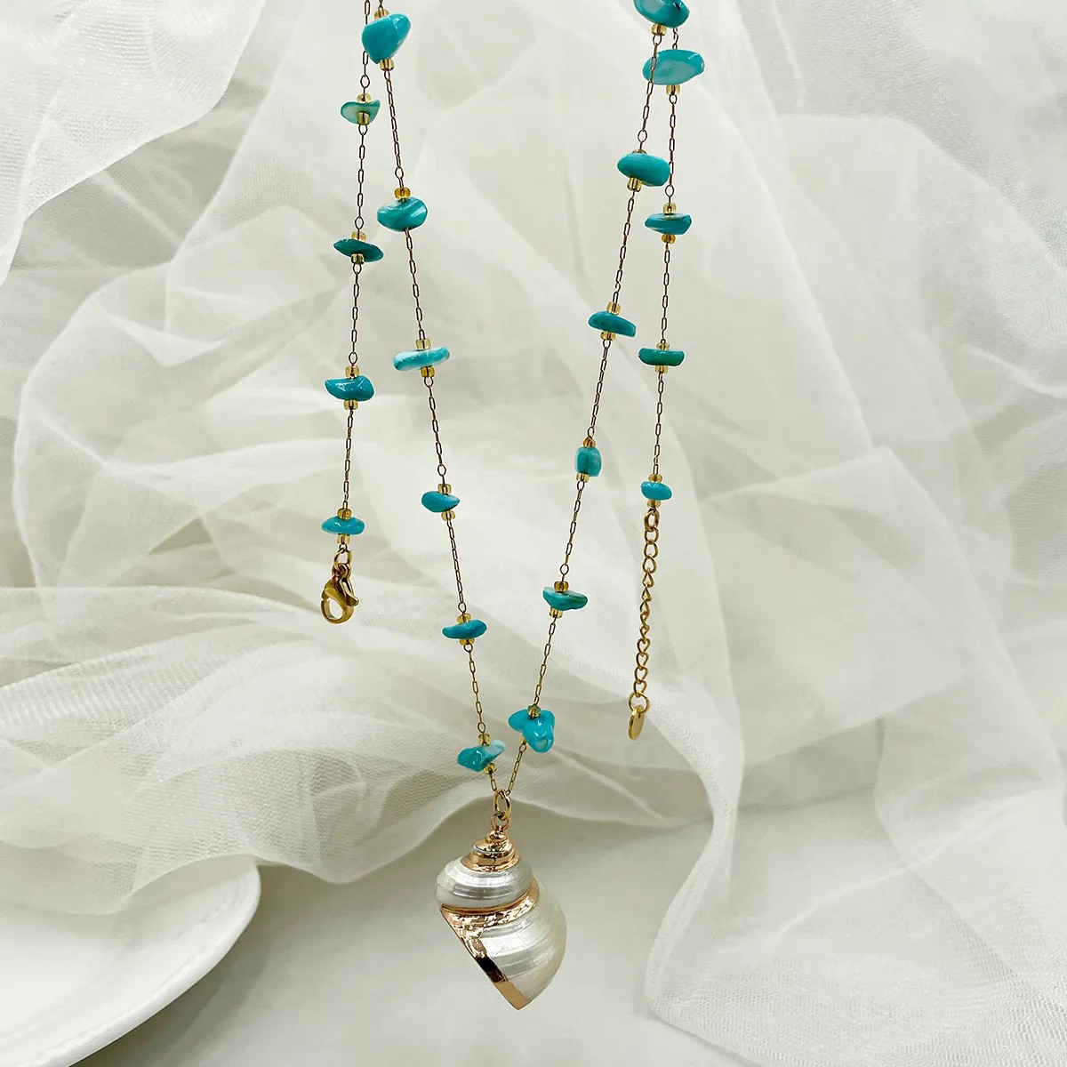 Vacation Beach Conch Stainless Steel Gravel Metal Plating Gold Plated Pendant Necklace_colorza_1