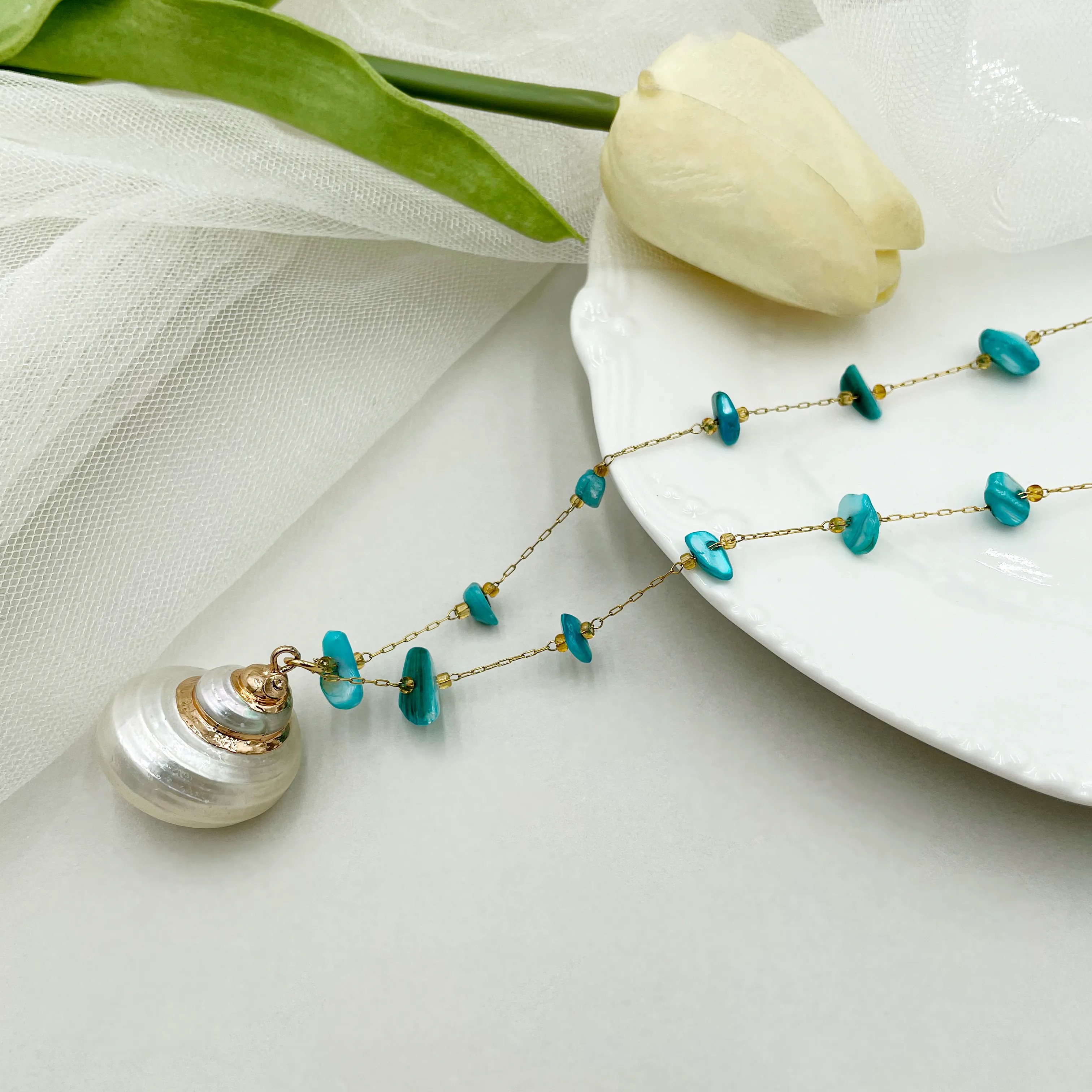 Vacation Beach Conch Stainless Steel Gravel Metal Plating Gold Plated Pendant Necklace_colorza_2