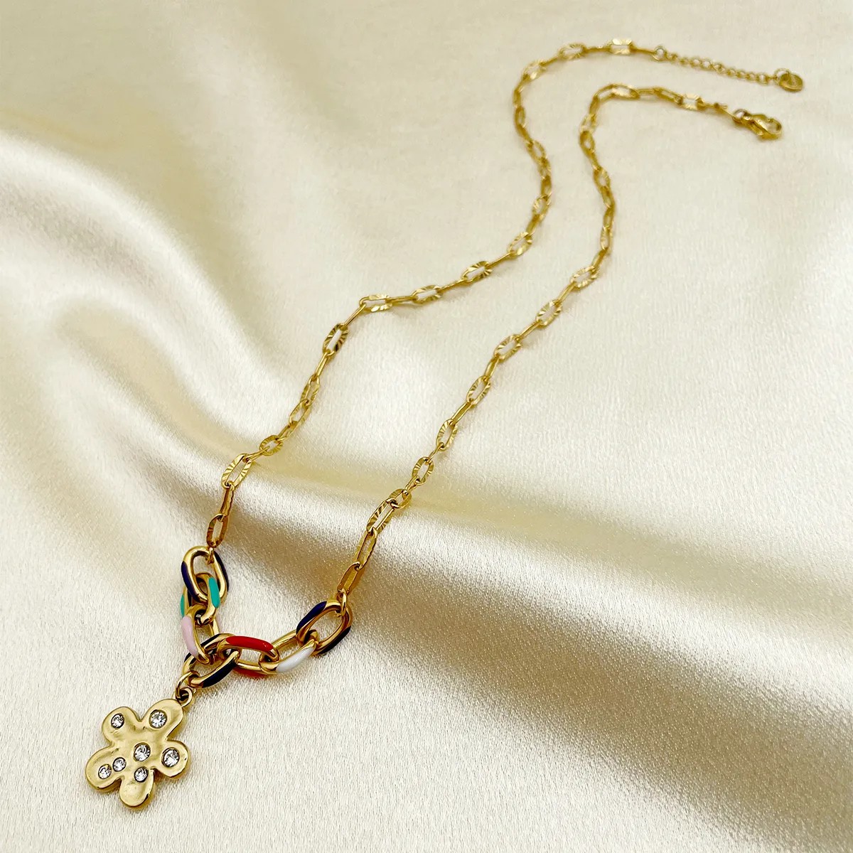 Retro Artistic Flower Stainless Steel Enamel Plating Inlay Zircon Gold Plated Pendant Necklace_colorza_1