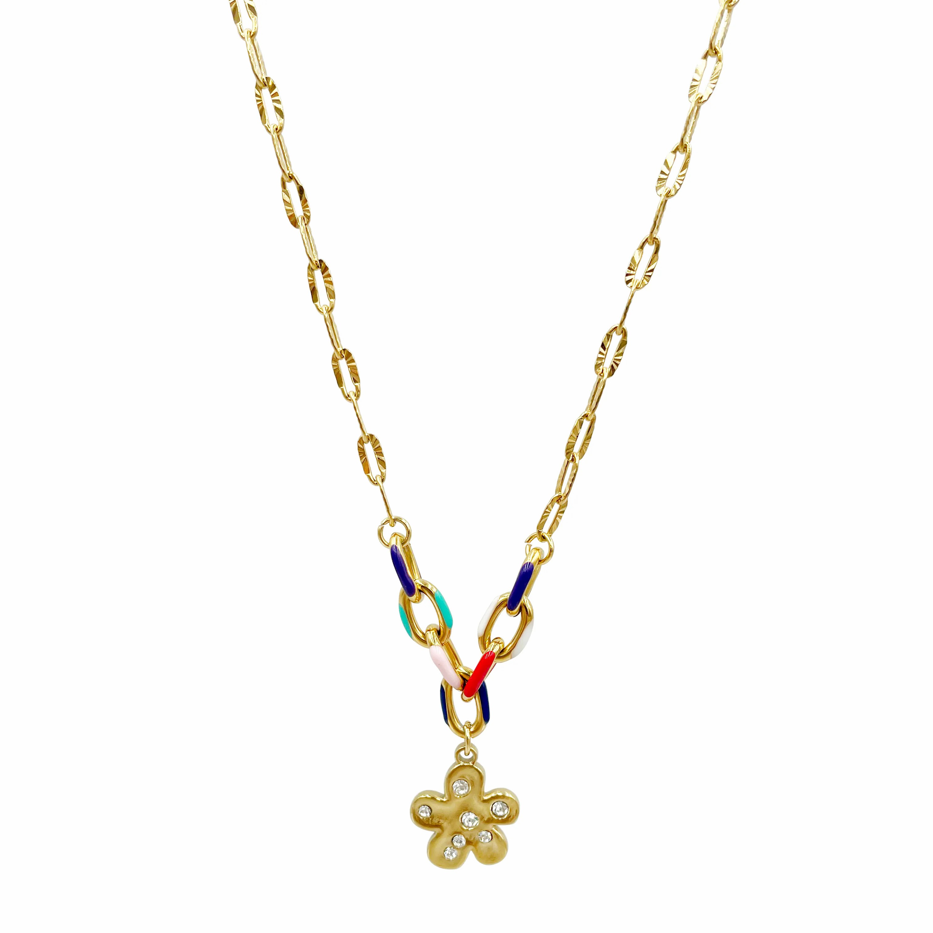 Retro Artistic Flower Stainless Steel Enamel Plating Inlay Zircon Gold Plated Pendant Necklace_colorza_4