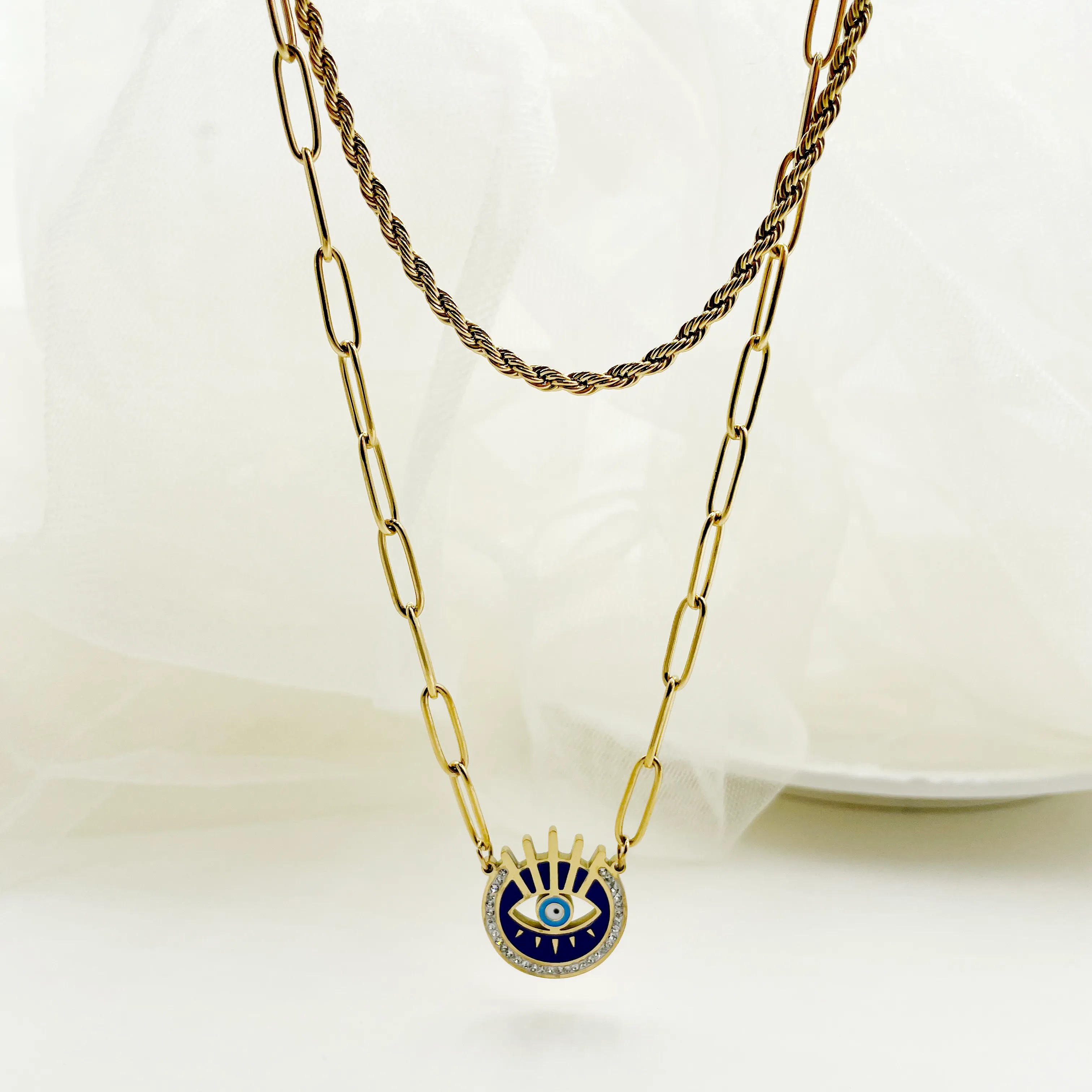 Hip-Hop Cool Style Devil'S Eye Stainless Steel Metal Enamel Plating Inlay Zircon Gold Plated Layered Necklaces_colorza_2