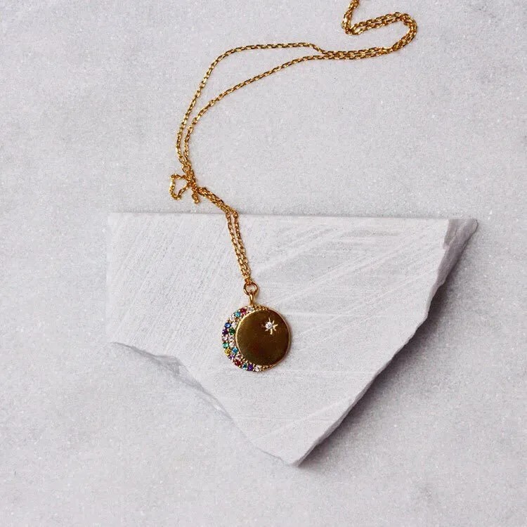 Retro Beach Roman Style Round Star Moon Stainless Steel Plating 18K Gold Plated Pendant Necklace_colorza_4