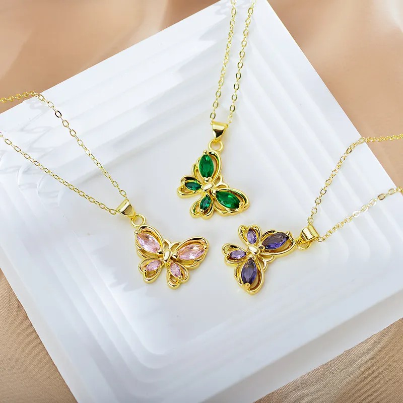 Butterfly Hollow Out Inlay Zircon Pendant Necklace