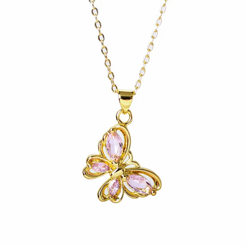 Butterfly Inlay Pink Zircon Pendant Necklace