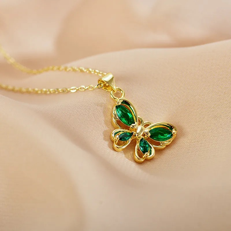 Butterfly Inlay Green Zircon Pendant Necklace