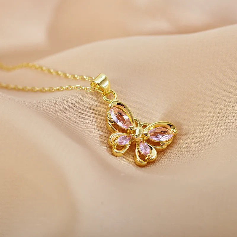 Pink Zircon Inlaid Butterfly Pendant Necklace