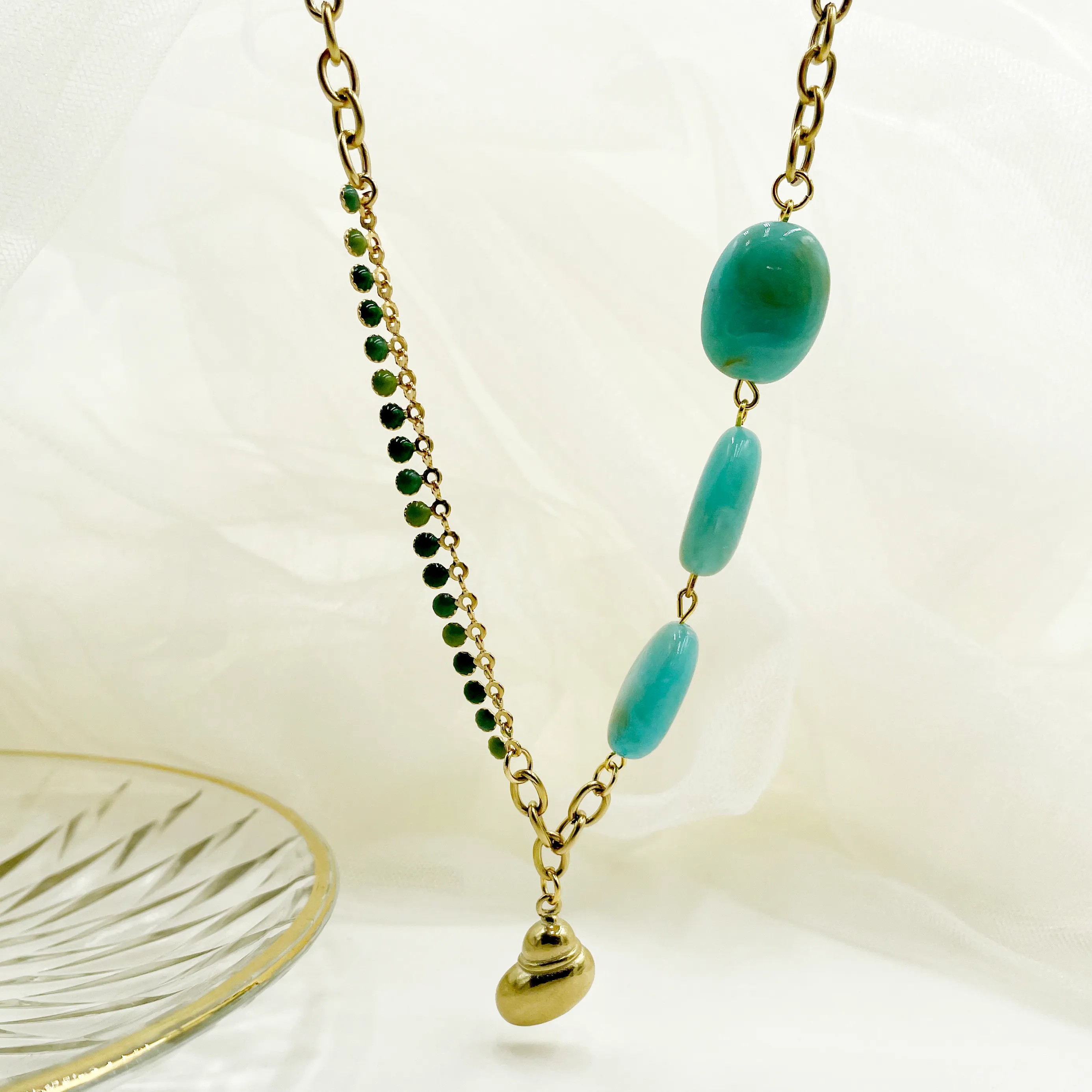 Casual Beach Oval Conch Stainless Steel Enamel Plating Inlay Glass Stone Gold Plated Long Necklace_colorza_4