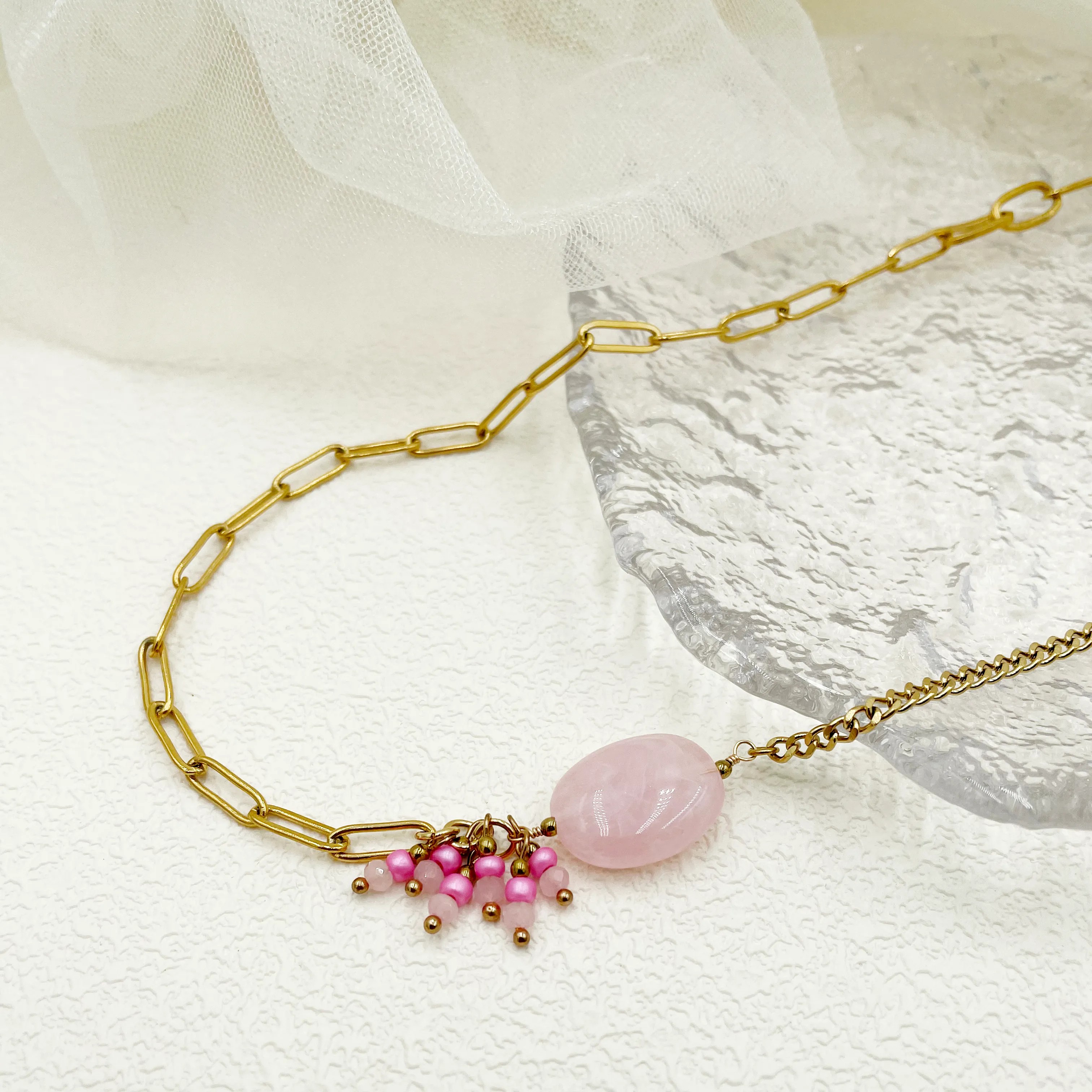 Vacation Sweet Artistic Oval Stainless Steel Natural Stone Plating Gold Plated Necklace_colorza_2