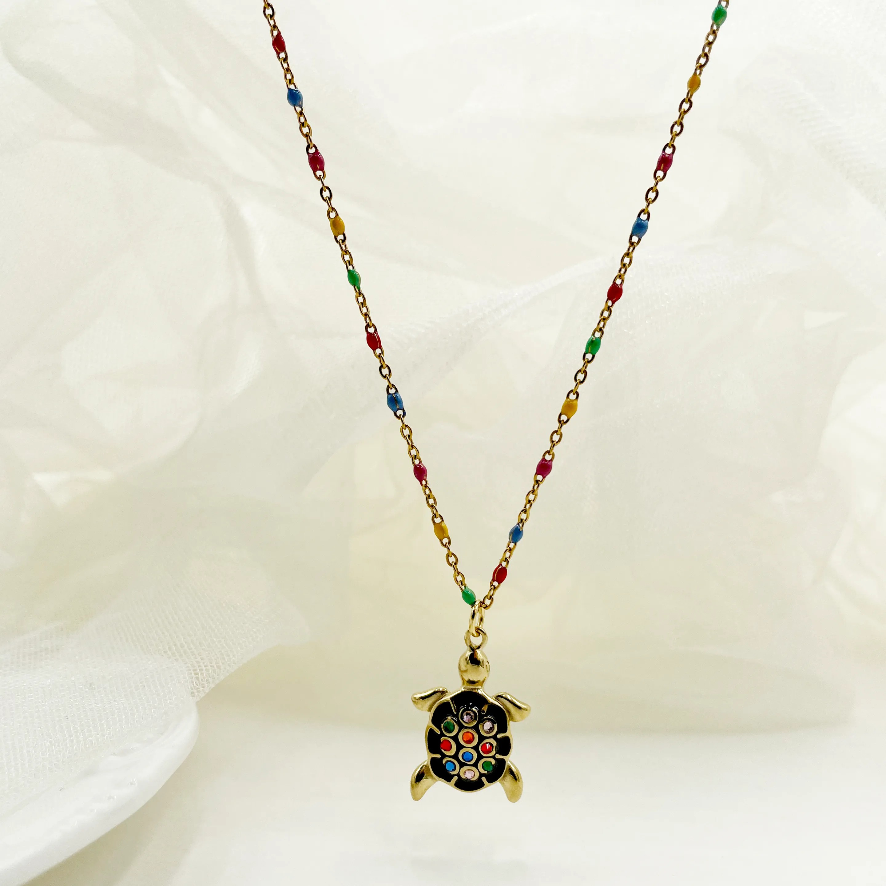 Exaggerated Streetwear Tortoise Stainless Steel Enamel Plating Inlay Zircon Gold Plated Pendant Necklace_colorza_2