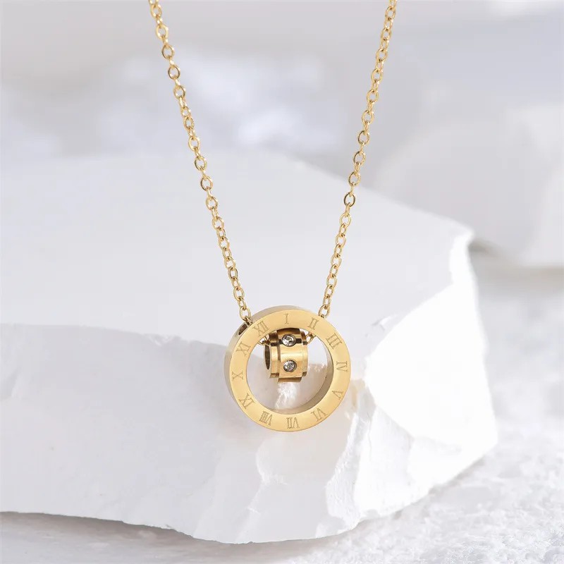 Gold Color Round Roman Numerals Stainless Steel Necklace