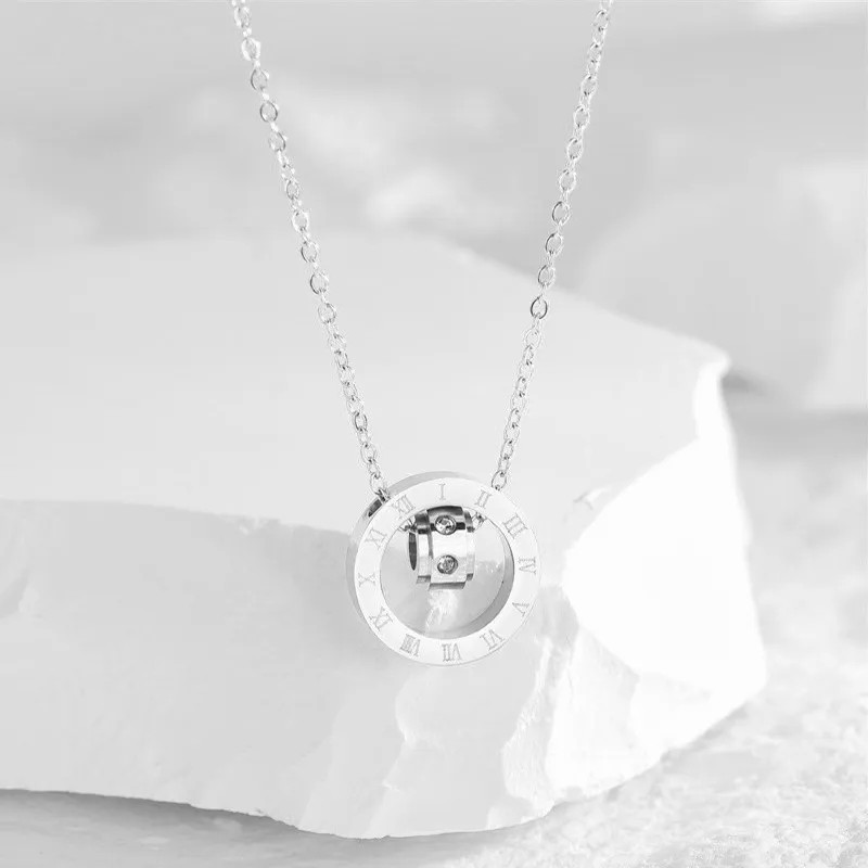 Steel Color Round Roman Numerals Stainless Steel Necklace