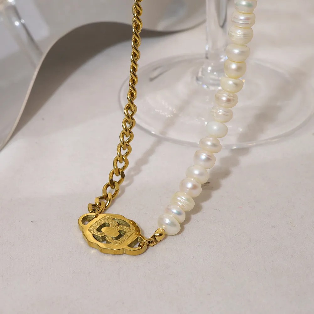 Geometric Pearl Patchwork Plating 14K Gold Plated Necklace