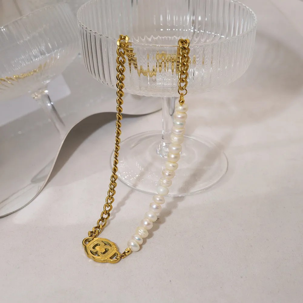 Geometric Pearl Patchwork 14K Gold Plated Necklace