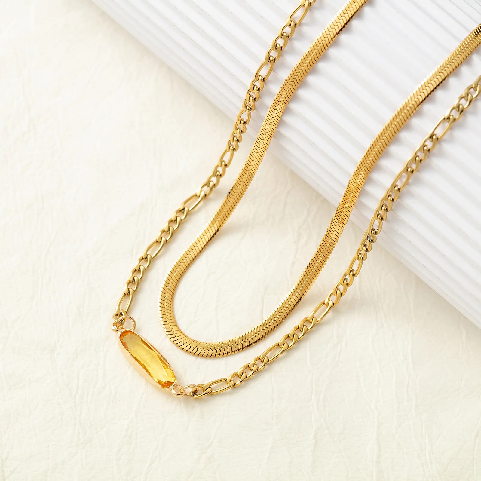 Hip-Hop Luxurious Rectangle Titanium Steel Plating Inlay Zircon 18K Gold Plated Layered Necklaces_colorza_2