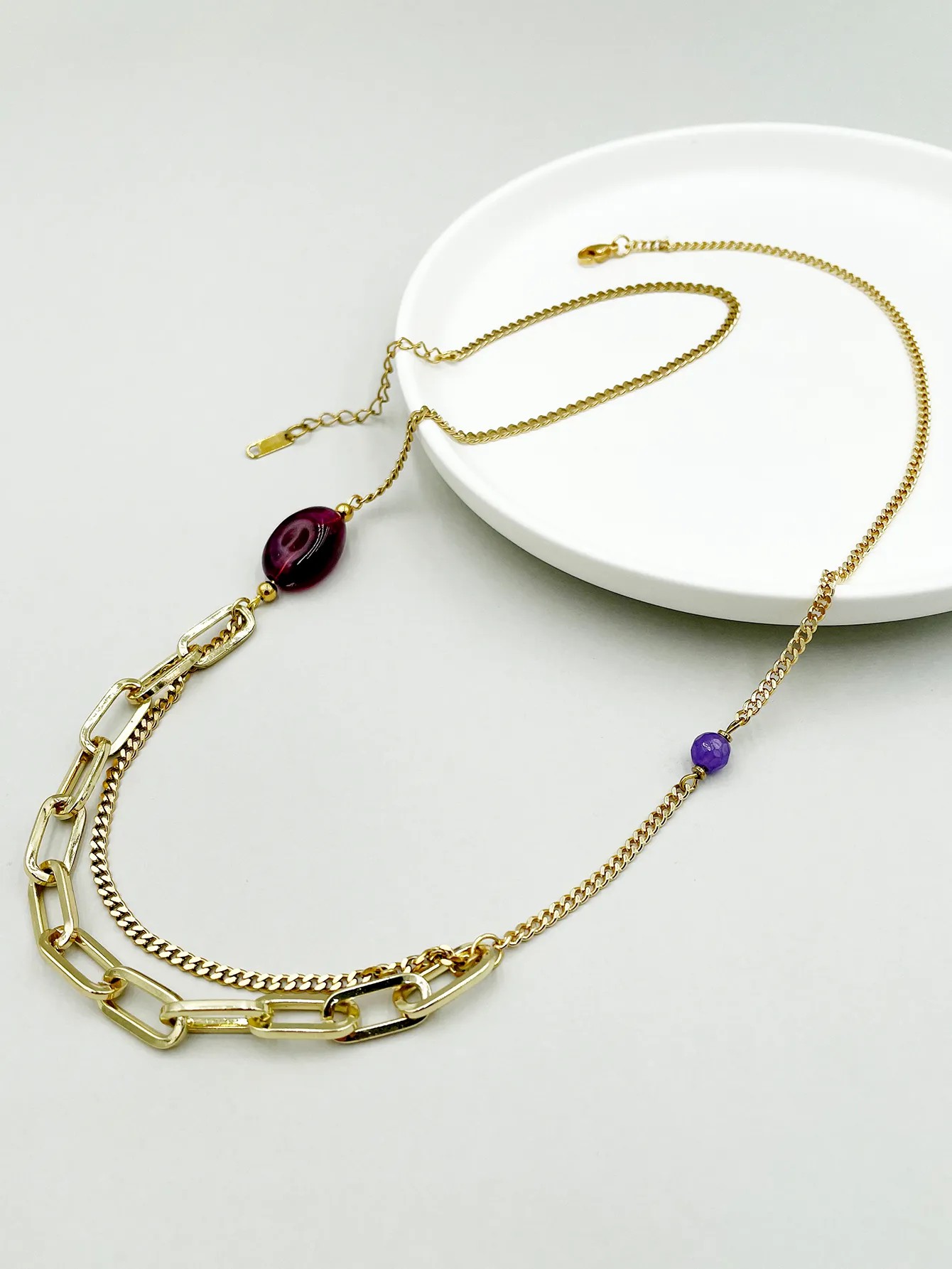 Lady Modern Style Commute Geometric Stainless Steel Natural Stone Metal Plating Gold Plated Layered Necklaces_colorza_2