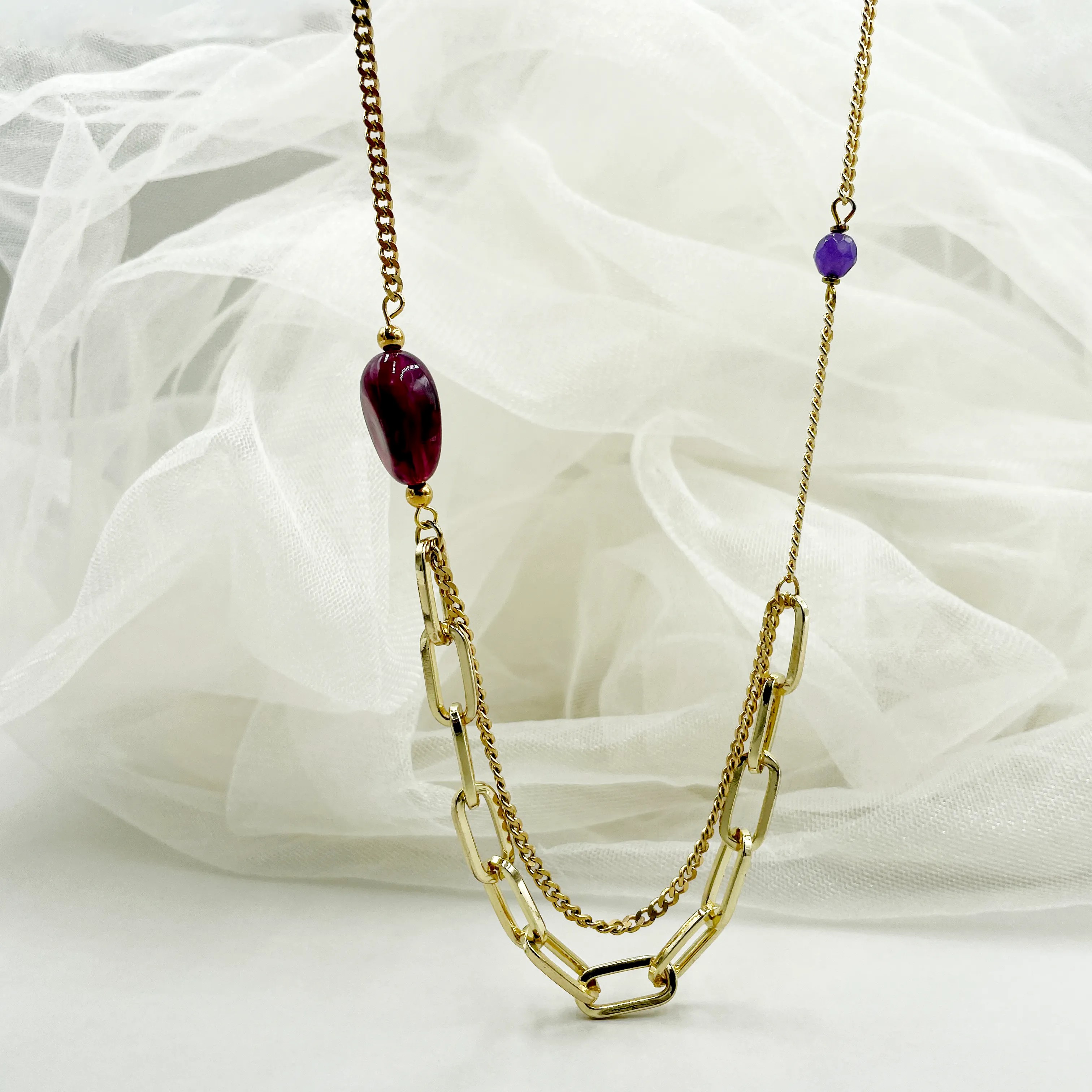 Lady Modern Style Commute Geometric Stainless Steel Natural Stone Metal Plating Gold Plated Layered Necklaces_colorza_4